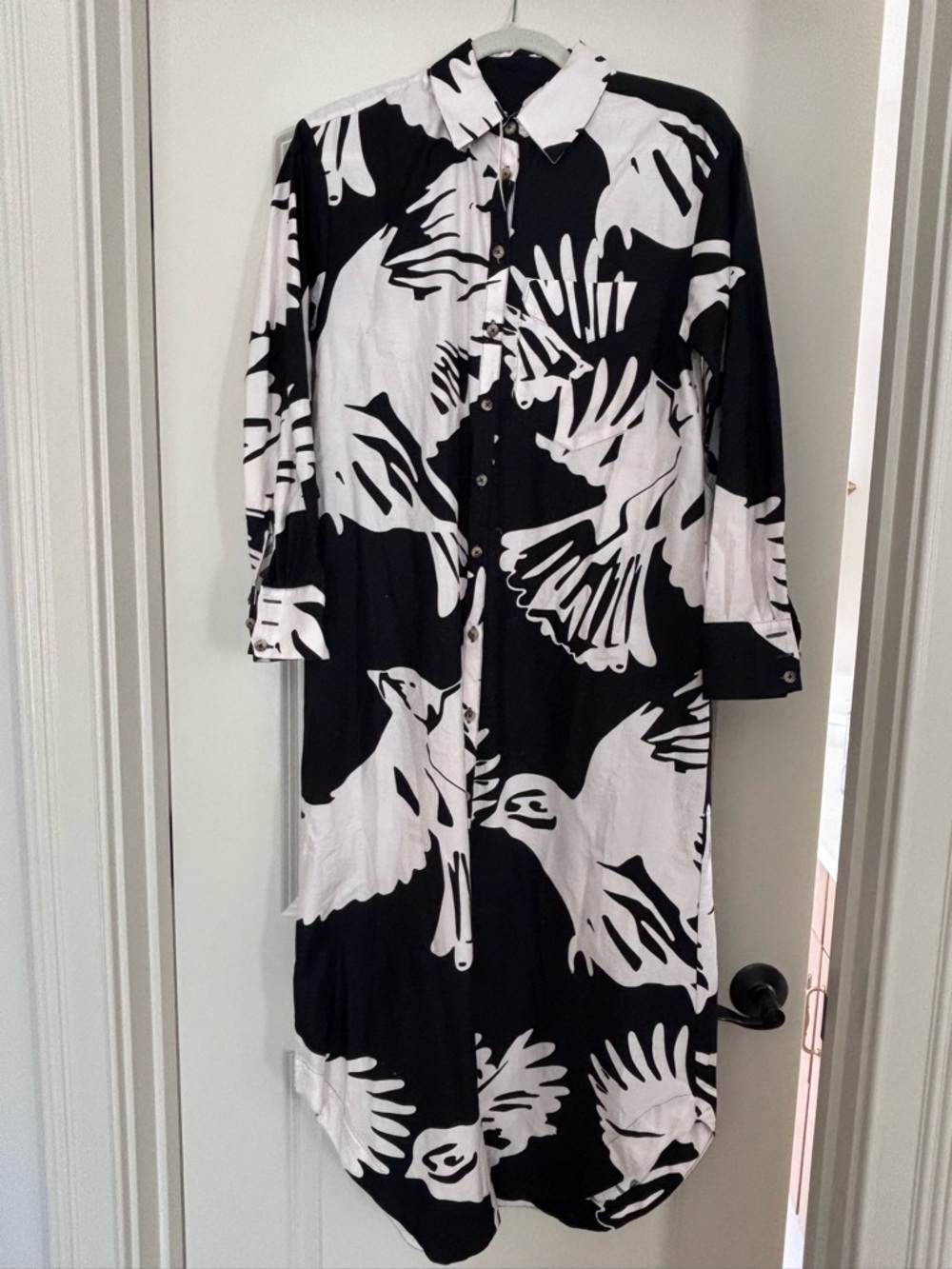 Mauve by Anthropologie Black & White Abstract Bird Print Shirt Dress